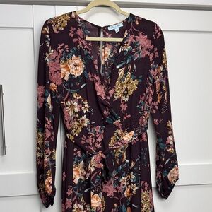 She + Sky Burgundy Floral Long Sleeve Dress